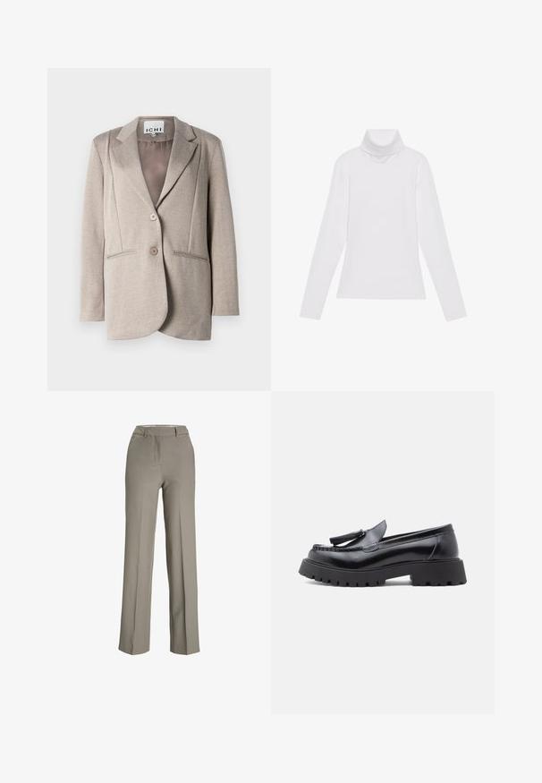 Lys grå hørgarn blazer med en blød tekstur, kraagede lapeller, to knapper og sidelommer. Foret indre i en ensfarvet farve.; Hvid langærmet turtle-neck top lavet af glat, strækbart stof. Har en høj krave og tætsiddende design, uden synlige mønstre eller udsmykninger.; Lys grå, brede bukser lavet af et glat stof med en skræddersyet talje, frontfolder og sidelommer.; Sorte læderloafer med spids snit, kvastdetalje og chunky gummisål med slidmønster for godt greb.