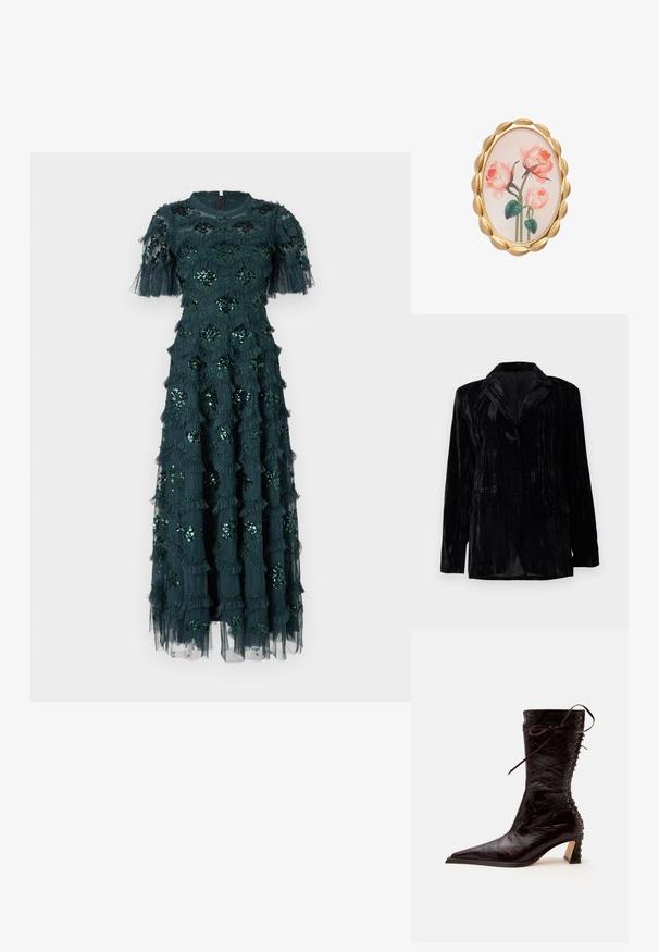 Chaqueta de terciopelo negro con textura de rayas verticales, solapas con muesca, dos bolsillos frontales y cierre de un solo botón. Corte entallado.; Vestido verde oscuro con mangas cortas, con volantes en capas y adornos florales de lentejuelas. De longitud media, con una tela suave y un capa transparente.; Bota de piel marrón oscuro brillante hasta la mitad de la pantorrilla con punta afilada, tacón bajo curvado y detalle de cordones en la parte trasera.; Broche ovalada con un borde acanalado en tonalidad dorada, que presenta un diseño floral de rosas rosas sobre un fondo claro. Textura suave y gráficos detallados.