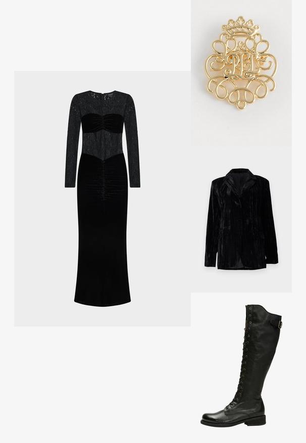 Schwarze Samtjacke mit senkrechtem Streifenmuster, Reverskragen, zwei vorderen Taschen und einem Einzelknopfverschluss. Taillierte Passform.; Schwarzes Kleid mit Spitzentop und langen Ärmeln sowie einem Samtoberteil mit gerafften Details. Bodenlang mit geradem Schnitt.; Schwarze Leder-Knöchelstiefel mit Schnürung vorne, silbernen Ösen und seitlichem Schnallenverschluss. Verfügt über eine strukturierte Oberfläche und einen gestapelten Absatz.; Goldfarbener Metall-Anstecker mit kunstvollen Scrollarbeiten und einem Kronenmuster an der Spitze, mit den prominent dargestellten Initialen "PL" in der Mitte.