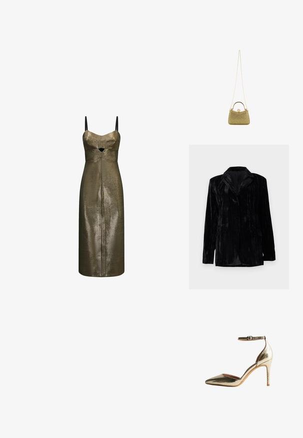 Schwarze Samtjacke mit senkrechtem Streifenmuster, Reverskragen, zwei vorderen Taschen und einem Einzelknopfverschluss. Taillierte Passform.; Metallic bronze Midi-Kleid mit dünnen schwarzen Trägern und kleinem Ausschnitt vorne unter der Brust aus strukturiertem Stoff.; Goldfarbene, texturierte High Heels mit spitzer Zehenpartie und Knöchelriemen. Besitzt ein glattes Innenfutter und einen schlanken Stiletto-Absatz.; Goldfarbene Mesh-Handtasche mit strukturiertem Design, metallischer Kettenriemen und rundem Deckelverschluss. Texturierte Oberfläche mit schimmerndem Finish.