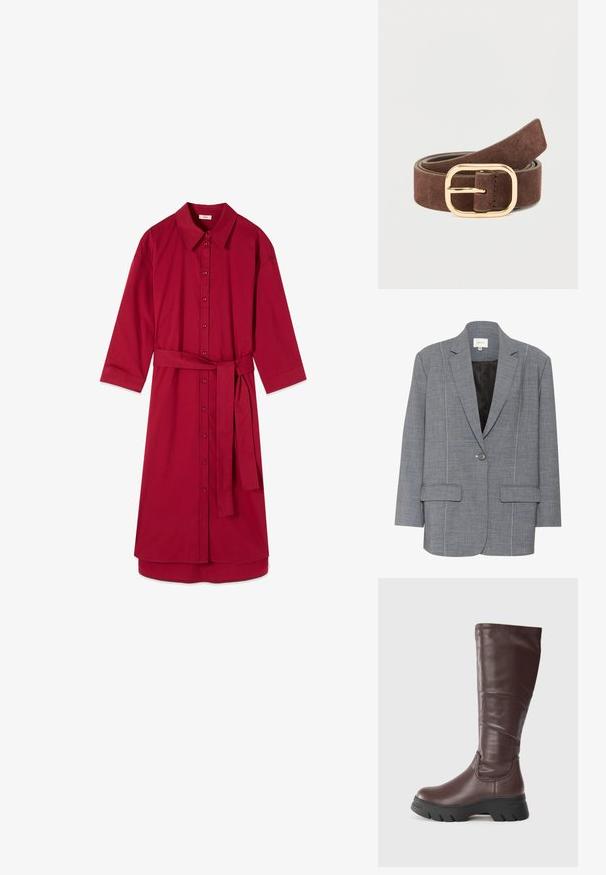 Grå blazer lavet af strukturstof med hvid syning, to frontlommer og en enkelt knaplukning. Fodret inderside i sort.; Langærmet, knælængde, mørkerød kjole med knapper, krave og matchende bånd i taljen, lagt fladt på hvid baggrund.; Brune læderknæhøje støvler med en glat finish, tykk sort gummisål og minimal sømdetalje langs topkanten.; Brunt ruskindsbælte med en rektangulær spænde i guldmetal. Bæltet har en glat tekstur og er designet til at fastgøre i taljen.