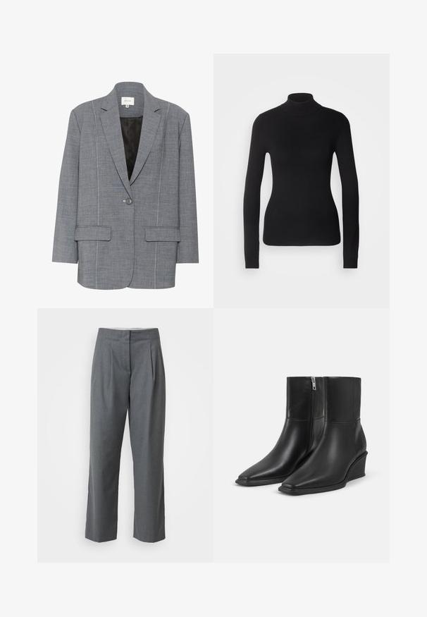 Grå blazer lavet af strukturstof med hvid syning, to frontlommer og en enkelt knaplukning. Fodret inderside i sort.; Sort turtleneck sweater lavet af let strikket stof. Har lange ærmer, et tætsiddende design og en blød ribbet tekstur.; Grå skræddersyede bukser med lige ben, der har en glat tekstur, frontfoldninger og sidelommer. Ingen synlig hardware eller detaljer.; Par sorte læderankelstøvler med spidse tæer, kilehæle og sidelukkede lynlåse på en ensartet lys baggrund.