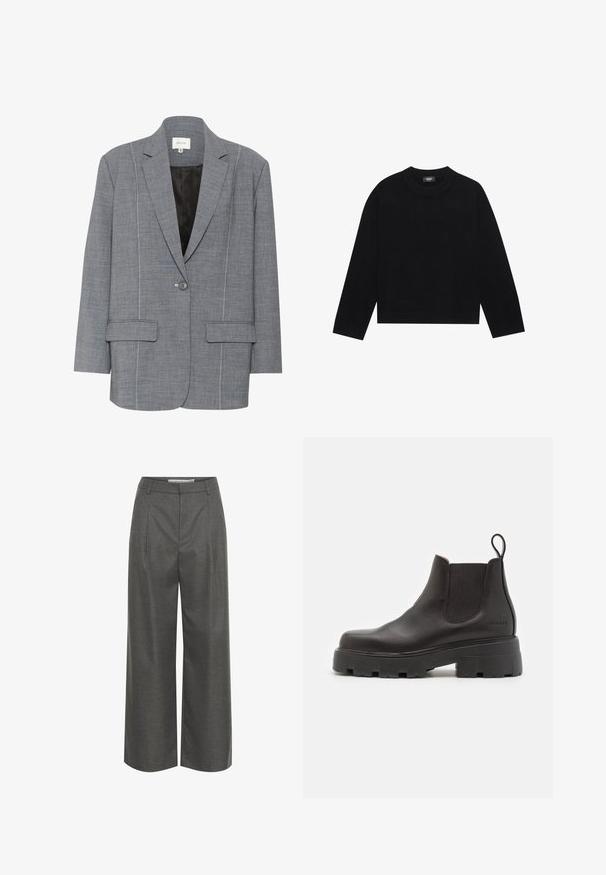 Grå blazer lavet af strukturstof med hvid syning, to frontlommer og en enkelt knaplukning. Fodret inderside i sort.; Sort crew-neck sweater med lange ærmer, ribbede manchetter og kant, lavet af blødt materiale. Enkel, ren design uden mønstre eller aksenter.; Grå brede bukser lavet af struktureret stof, med høj talje og frontfolder, uden synlige lommer eller hardware detaljer.; Copenhagen Studios CPH155 - Plateaustøvletter - black