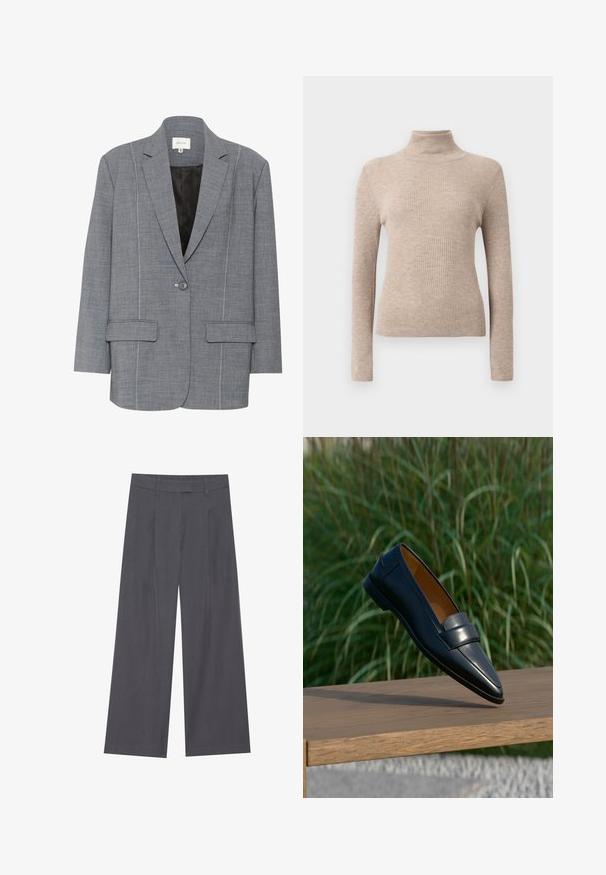 Blazer gris en tissu texturé avec des coutures blanches, deux poches avant et une fermeture à un bouton. Doublure intérieure noire.; Pull à col roulé beige à manches longues avec des côtes, présenté sur un fond blanc uni.; Pantalons larges gris avec une texture lisse, présentant un design plissé à l'avant et une taille standard pour un ajustement confortable.; Mocassin en cuir noir pour homme avec détail de bride, en équilibre sur le bord d’un banc en bois sur un fond flou d’herbe verte.