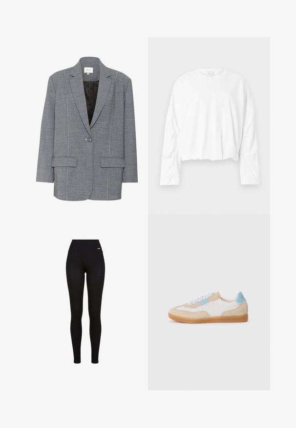 Grå blazer lavet af strukturstof med hvid syning, to frontlommer og en enkelt knaplukning. Fodret inderside i sort.; Hvid, langærmet cropped sweatshirt med rund halsudskæring og blødt bomuldsstof. Har let samling i taljen og en glat tekstur.; Sorte leggins med høj talje, strækbart stof, glat tekstur og en tætsiddende pasform, der er velegnet til casual eller atletisk brug.; Tan ruskind og hvidt snørebåndssneaker med lyseblå accenter, flade snørebånd og en tekstureret gummisål. Har et lavprofil design.