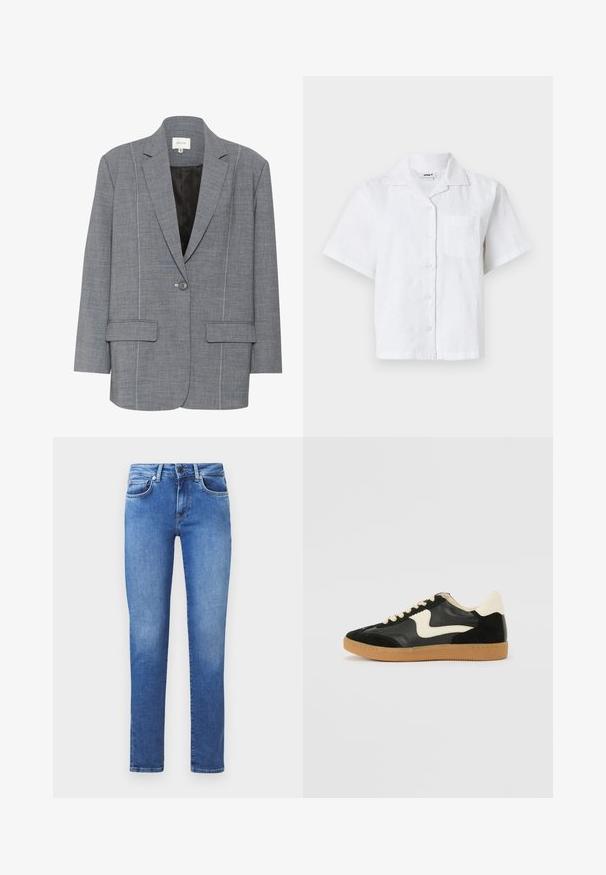 Grå blazer lavet af strukturstof med hvid syning, to frontlommer og en enkelt knaplukning. Fodret inderside i sort.; Kortærmet hvid skjorte med struktureret mønster, knaplukning foran og brystlomme. Fremstillet af let materiale med en afslappet pasform.; Blå denim jeans med lige ben, fem-lomme design og knaplukning. Stof med en glat tekstur og let falmet.; Sorte ruskinds- og lædersneakers med en cremefarvet side-swoosh og lys cremefarvet hæl. Har beige snørebånd og en gummirubber-sål.