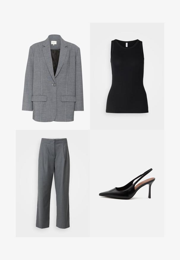 Blazer gris en tissu texturé avec des coutures blanches, deux poches avant et une fermeture à un bouton. Doublure intérieure noire.; Débardeur noir sans manches en tissu côtelé, avec un col rond et une coupe ajustée, à la texture douce et sans motifs.; Pantalons gris ajustés à coupe droite, avec une texture lisse, des plis devant et des poches latérales. Pas de quincaillerie ou d'accents visibles.; Chaussure slingback à talon haut en cuir noir à bout pointu avec talon aiguille fin et bride arrière ouverte sur fond blanc.