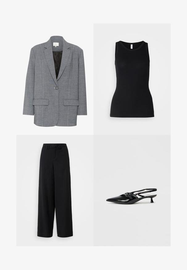 Grå blazer lavet af strukturstof med hvid syning, to frontlommer og en enkelt knaplukning. Fodret inderside i sort.; Sort ærmeløs tanktop lavet af ribbet stof, med rund halsudskæring og tætsiddende design, med en glat overflade og uden mønstre.; Sorte brede bukser lavet af glat stof, med en flad front, plisserede detaljer og bæltestropper i taljen.; Sort laklæder slingback-sko med spids tå, lille blokhæl og justerbar rem med udskæringsdetaljer og logoaccenter.
