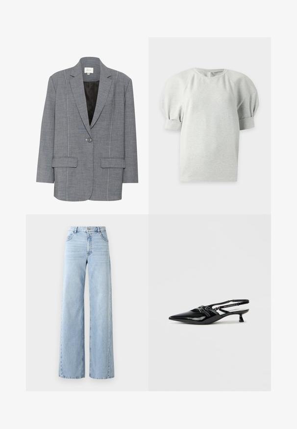 Blazer gris en tissu texturé avec des coutures blanches, deux poches avant et une fermeture à un bouton. Doublure intérieure noire.; Chemise gris clair à manches courtes avec col rond et manches bouffantes rassemblées en larges poignets, présentée sur un fond uni.; Jean en denim léger bleu clair à jambes larges avec taille haute, cinq poches et texture décolorée. Présente des détails cousus et une coupe droite à l'ourlet.; Chaussure slingback en cuir verni noir avec bout pointu, petit talon carré et bride ajustable ornée de détails découpés et d'accents logo.