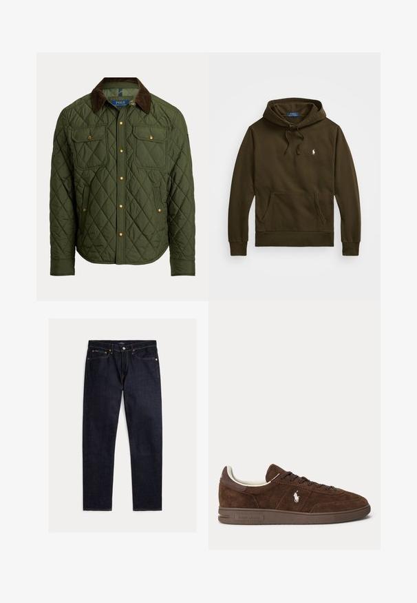 Chaqueta acolchada verde oliva con cuello de pana marrón, botones de presión dorados, dos bolsillos con solapa en el pecho y dos bolsillos laterales.; Sudadera de color verde oliva en mezcla de algodón, con un bolsillo frontal, cordón ajustable y un pequeño logo en el pecho. Textura suave.; Vaqueros rectos de índigo oscuro con cinco bolsillos, cierre de botón y cremallera, y costuras naranjas en contraste sobre un fondo liso.; Zapatilla baja de ante marrón con suela marrón oscuro, cordones y logo Polo bordado en blanco en el lateral.