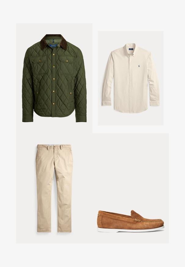 Gestept olijfgroen jasje met bruine corduroy kraag, gouden drukknopen, twee borstflapzakken en twee zijzakken.; Gestreept shirt met lange mouwen in beige en crèmekleurig, voorzien van een button-down kraag, een enkele zak en een klein marineblauw logo op de borst.; Beige chino’s met een platte voorkant, riemlussen, zijzakken en een knoopsluiting bij de taille tegen een witte achtergrond.; Bruine suède loafer met witte zool en beige stiksels langs de teen en bovenrand, zijaanzicht op een effen achtergrond.