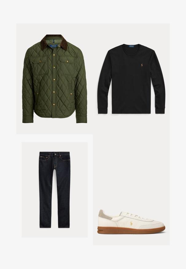 Chaqueta acolchada verde oliva con cuello de pana marrón, botones de presión dorados, dos bolsillos con solapa en el pecho y dos bolsillos laterales.; Camiseta negra de manga larga con cuello redondo y pequeño logo bordado de Polo Ralph Lauren en el pecho izquierdo.; Vaqueros ajustados de color azul oscuro con cinco bolsillos, cierre de botones y costuras en contraste, colocados planos sobre un fondo claro.; Zapatilla blanca de piel con corte bajo, suela de goma marrón, parche de ante beige en el talón y pequeño logo dorado de Polo en el lateral.