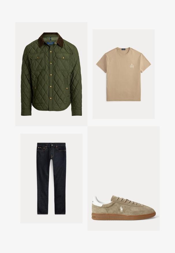 Gestept olijfgroen jasje met bruine corduroy kraag, gouden drukknopen, twee borstflapzakken en twee zijzakken.; Beige T-shirt met korte mouwen en ronde hals, met een klein wit Polo Ralph Lauren-logo op de linkerborst.; Donkerblauwe slim-fit jeans met vijf zakken, knoopsluiting en contrasterende stiksels, plat gelegd op een lichte achtergrond.; Beige suède lage sneaker met bruine zool, witte hiel-detail, veters en een wit geborduurd polo-speler logo aan de zijkant.