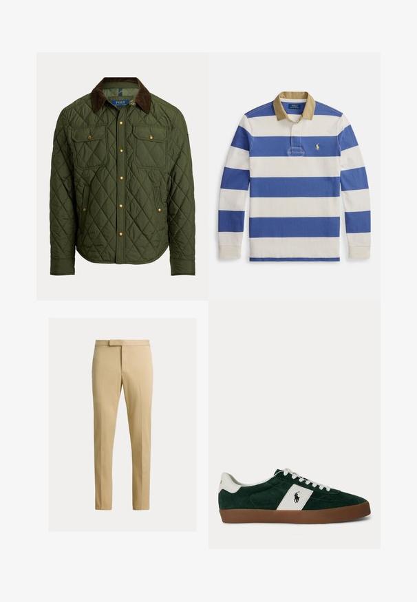 Chaqueta acolchada verde oliva con cuello de pana marrón, botones de presión dorados, dos bolsillos con solapa en el pecho y dos bolsillos laterales.; Camiseta de rugby de manga larga con rayas horizontales azules y blancas, cuello color canela, tapeta con botones y pequeño logo bordado en amarillo en el pecho izquierdo.; Pantalones beige de corte slim con pliegue delantero, trabillas para cinturón y cierre delantero oculto sobre un fondo claro liso.; Zapatilla deportiva de ante verde oscuro con franja lateral blanca, cordones blancos, suela marrón y logo de Polo Ralph Lauren en el lateral y el talón.