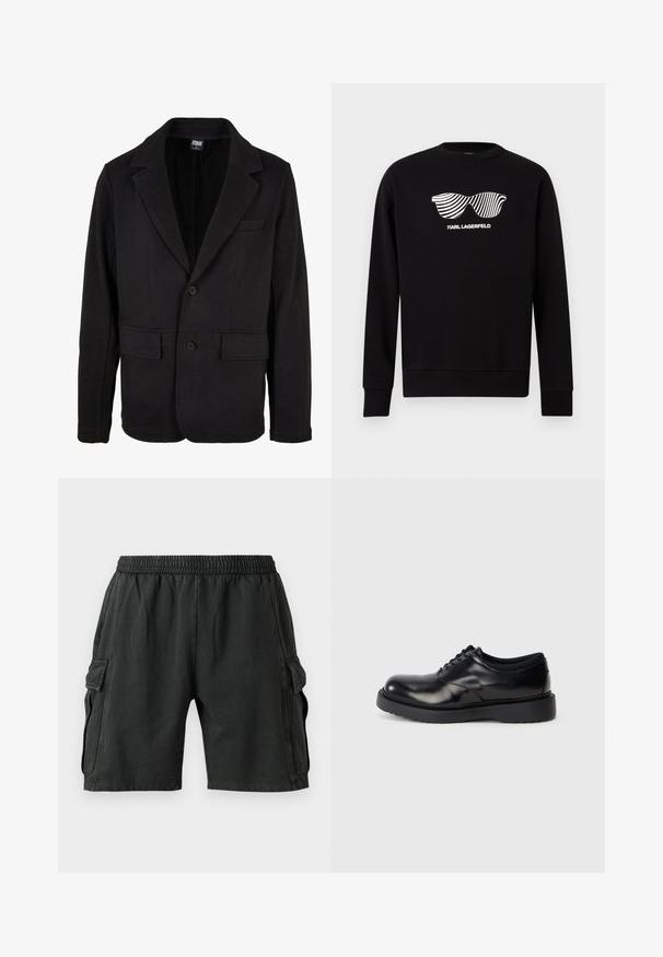 Sort blazerjakke lavet af blødt stof med klapkrave, to forlommer og to-knaps lukning. Klassisk design med minimal struktur.; Sort crewneck-sweatshirt med grafisk hvid stribet solbrille og teksten "KARL LAGERFELD" centreret på brystet.; Sorte cargo shorts med elastisk talje, to sidelommer og to cargo-lommer på siderne. Lavet af et blødt, letvægtsstof.; Sorte lædersko med snøre, rund toe, glat overflade og en tyk gummisål med subtile riller for bedre greb.
