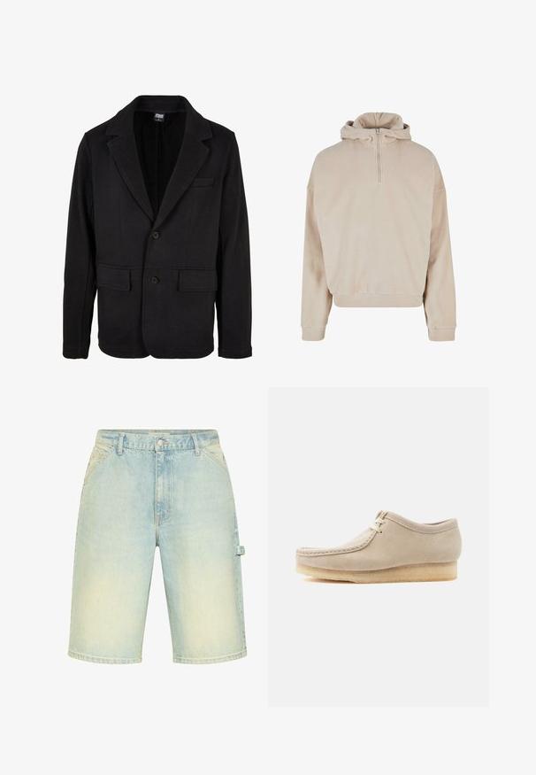 Blazer negro hecho de una tela suave con cuello con muesca, dos bolsillos frontales y cierre de dos botones. El diseño clásico presenta una textura mínima.; Sudadera beige con capucha y media cremallera en la parte delantera, corte holgado y puños acanalados. Fabricada en un tejido suave y texturizado, presenta un diseño minimalista.; Pantalones cortos de mezclilla azul claro hasta la rodilla con trabillas para cinturón, botón frontal, cierre de cremallera y detalle de lazo de utilidad lateral.; Zapato beige de ante con cordones, suela de crepé, costuras estilo mocasín y diseño de tobillo bajo, aislado sobre un fondo claro.