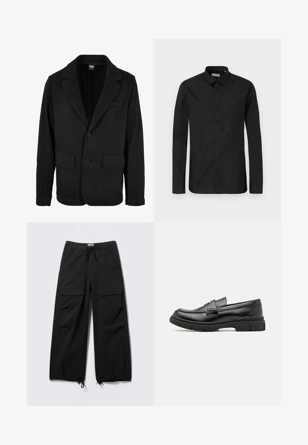 Schwarze Blazerjacke aus weichem Stoff mit einem Reverskragen, zwei Fronttaschen und einer Zwei-Knopf-Verschluss. Klassisches Design mit minimaler Textur.; Schwarzes Langarmhemd mit Knopfleiste und klassischem Kragen, aus glattem Stoff gefertigt, mit Frontknöpfen und regulärer Passform.; Schwarze Cargo-Hose mit weitem Bein, vorderen Klappentaschen, Tunnelzugbund und verstellbaren Kordeln an den Beinabschlüssen.; Schwarze Lederloafer mit einem breiten Riemen über dem Rist, Gummisohle mit dicken Profilen und glatter Textur. Klassisches, schlankes Design.