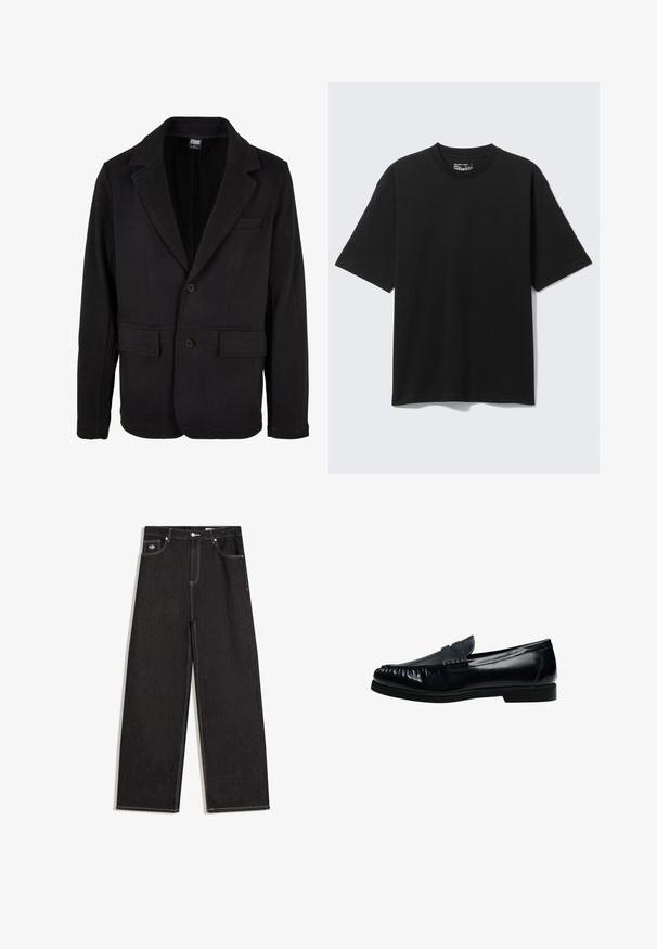 Schwarze Blazerjacke aus weichem Stoff mit einem Reverskragen, zwei Fronttaschen und einer Zwei-Knopf-Verschluss. Klassisches Design mit minimaler Textur.; Schwarzes Baumwoll-T-Shirt mit kurzem Arm und lockerem Schnitt, Rundhalsausschnitt, vor einem schlichten hellen Hintergrund gezeigt.; Schwarze Jeans mit weitem Bein, kontrastierenden weißen Nähten, Knopfverschluss, Gürtelschlaufen und Fünf-Taschen-Design, einschließlich eines kleinen Logopatches an der Vorderseite der Tasche.; Schwarzer Herren-Pennyloafer aus Leder mit genähter Mokassinnaht und niedrigem Absatz, seitlich auf weißem Hintergrund dargestellt.