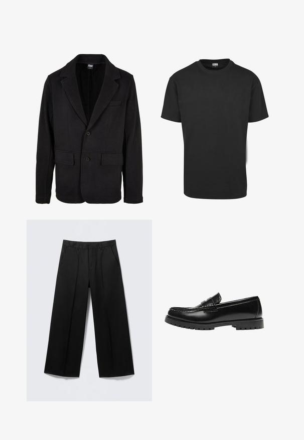 Schwarze Blazerjacke aus weichem Stoff mit einem Reverskragen, zwei Fronttaschen und einer Zwei-Knopf-Verschluss. Klassisches Design mit minimaler Textur.; Schwarzes Baumwoll-T-Shirt mit kurzen Ärmeln, rundem Ausschnitt und normaler Passform. Der Stoff wirkt glatt und unverziert.; Schwarze Hosen mit weitem Bein, Gürtelschlaufen, Vordertaschen und Reißverschluss, auf einem hellgrauen Hintergrund präsentiert.; Schwarzer Leder-Slipper mit dicker Gummisohle und klassischem Penny-Detail an der Riemen, von der Außenseite gezeigt.