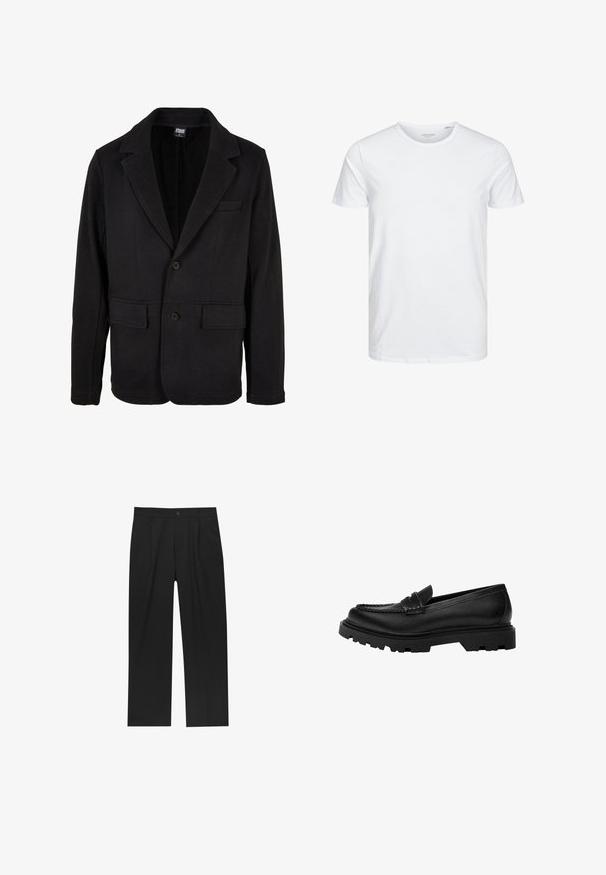 Schwarze Blazerjacke aus weichem Stoff mit einem Reverskragen, zwei Fronttaschen und einer Zwei-Knopf-Verschluss. Klassisches Design mit minimaler Textur.; Rundhals-T-Shirt mit kurzen Ärmeln in reinem Weiß, aus weicher Baumwolle, mit einem schlichten Design ohne sichtbare Muster oder Akzente.; Schwarze Hose mit geradem Schnitt, aus einem glatten Stoff gefertigt. Verfügt über Vorderfalten und einen einzelnen Knopfverschluss an der Taille.; Schwarze Lederloafer mit einer robusten, strukturierten Sohle. Verfügt über eine dekorativ gestickte Kante und einen niedrigen Absatz für ein zeitgemäßes Design.