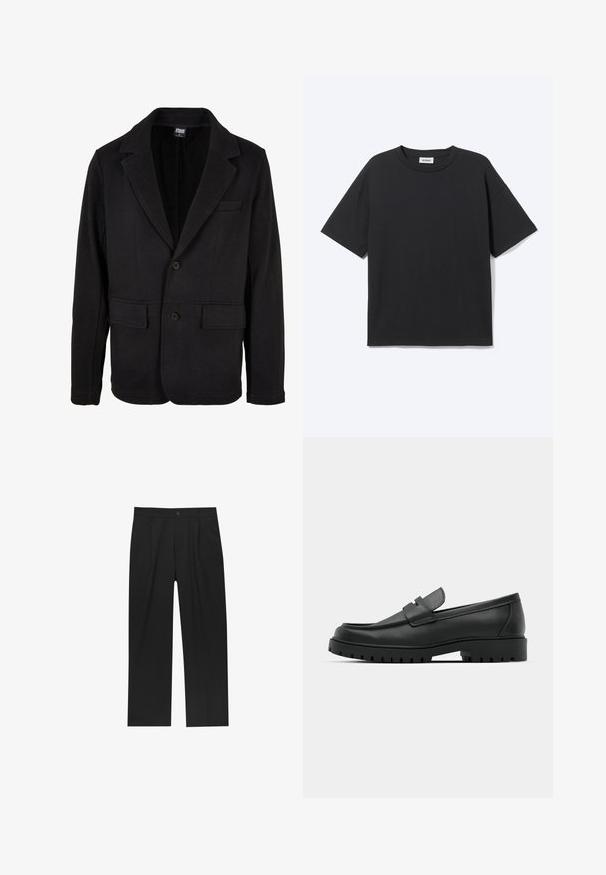 Sort blazerjakke lavet af blødt stof med klapkrave, to forlommer og to-knaps lukning. Klassisk design med minimal struktur.; Sort T-shirt med korte ærmer og rund hals med afslappet pasform, forfra, ensfarvet design og synligt Weekday-mærke inde i kraven.; Sorte bukser med lige ben, lavet af et glat stof. Har frontfolder og en enkelt knaplukning i taljen.; Sorte læder loafers med rund tå, der har et syet design, lav platformssål og en struktureret, skridsikker gummisål.