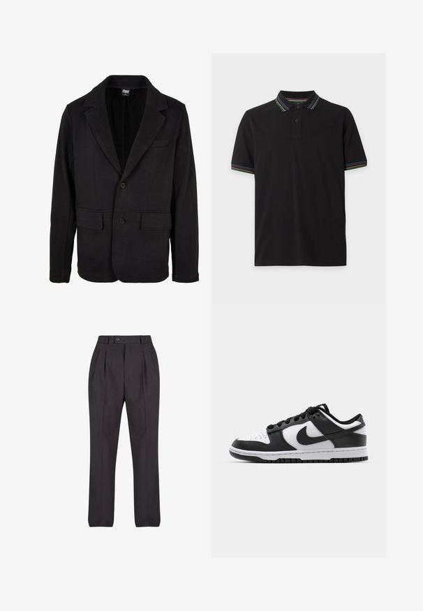 Schwarze Blazerjacke aus weichem Stoff mit einem Reverskragen, zwei Fronttaschen und einer Zwei-Knopf-Verschluss. Klassisches Design mit minimaler Textur.; Schwarzes Poloshirt mit kurzen Ärmeln, einer Zwei-Knopf-Leiste sowie Kragen und Ärmelbündchen, die grün, gelb, rot und blau gestreift sind.; Schwarze maßgeschneiderte Hose aus glattem Stoff, mit vorderen Falten, einem einzelnen Knopfverschluss und geraden Beinen ohne sichtbare Muster.; Schwarze und weiße Nike Dunk Sneakers mit einem Obermaterial aus Leder, perforierter Zehenpartie, schwarzen Schnürsenkeln und einer schwarzen Gummisohle mit Profildesign.