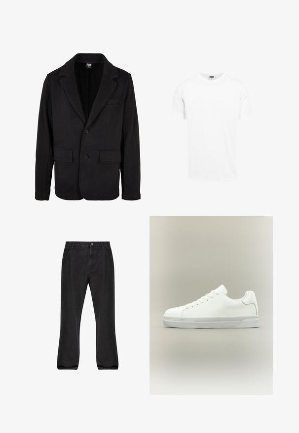 Schwarze Blazerjacke aus weichem Stoff mit einem Reverskragen, zwei Fronttaschen und einer Zwei-Knopf-Verschluss. Klassisches Design mit minimaler Textur.; Weißes Baumwoll-T-Shirt, kurze Ärmel, Rundhalsausschnitt, gerader Schnitt, weiche Textur, schlichtes Design, keine Grafiken oder Muster.; Schwarze Jeans aus Denim mit geradem Bein, fünf Taschen, Knopfverschluss und leichter Ausbleichung.; Weißer Sneaker in niedriger Schnittform mit Schnürung vorne, gepolstertem Kragen und strukturiertem Gummisohle, seitlich auf neutralem Hintergrund dargestellt.
