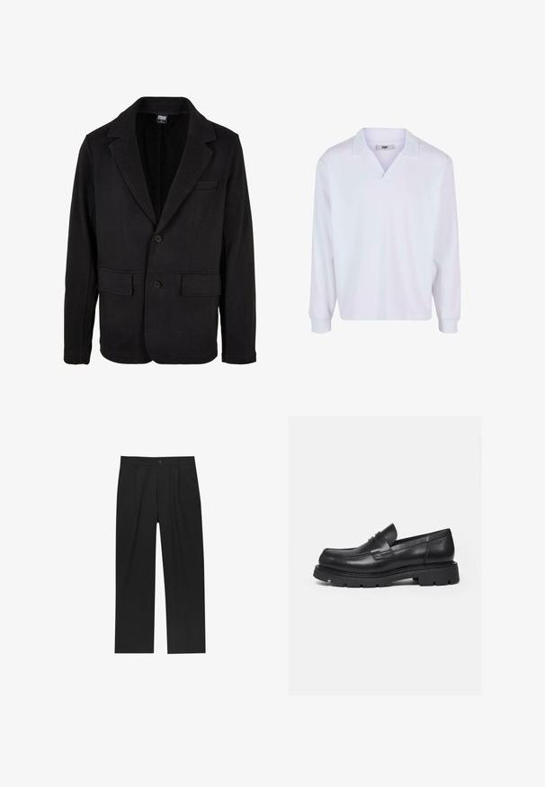 Schwarze Blazerjacke aus weichem Stoff mit einem Reverskragen, zwei Fronttaschen und einer Zwei-Knopf-Verschluss. Klassisches Design mit minimaler Textur.; Langärmliges weißes Poloshirt aus Baumwollstoff, mit einem V-Ausschnitt, Rippbündchen und einem entspannten Schnitt für Komfort. Markenlabel im Kragen sichtbar.; Schwarze Hose mit geradem Schnitt, aus einem glatten Stoff gefertigt. Verfügt über Vorderfalten und einen einzelnen Knopfverschluss an der Taille.; Schwarzer Lederloafer mit dicker, profilierter Sohle und Pennyriemen-Detail, von der rechten Seitenansicht auf weißem Hintergrund gezeigt.
