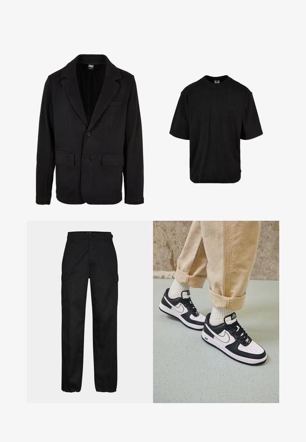 Schwarze Blazerjacke aus weichem Stoff mit einem Reverskragen, zwei Fronttaschen und einer Zwei-Knopf-Verschluss. Klassisches Design mit minimaler Textur.; Schwarzes T-Shirt mit kurzen Ärmeln aus weicher Baumwolle. Verfügt über einen Rundhalsausschnitt, eine lockere Passform und einen abgerundeten Saum für zusätzlichen Komfort.; Schwarze Cargo-Hosen mit geradem Schnitt, ausgestattet mit Seitentaschen, einem Knopfverschluss und elastischen Bündchen an den Knöcheln. Hergestellt aus strapazierfähigem Material.; Schwarz-weiße Nike Air Force 1 Sneaker mit einem Obermaterial aus Leder, perforierter Zehenpartie und strukturiertem Sohlendesign, getragen mit aufgerollten beigen Hosen und weißen Socken.