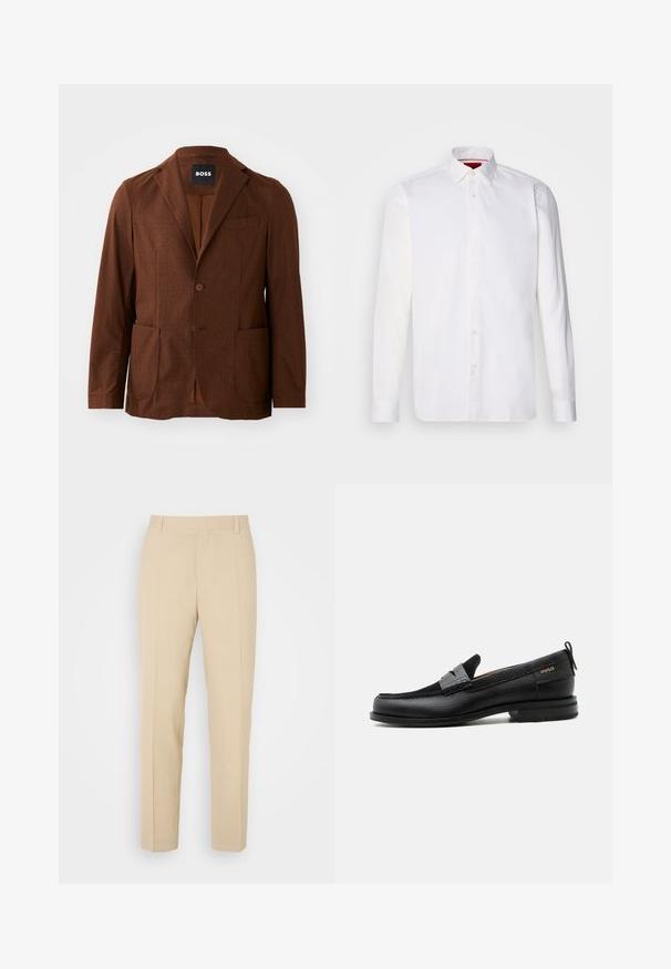 Blazer marrón con estampado, solapas de muesca, dos bolsillos frontales y cierre con un botón. Confeccionado en una tela texturizada. Adecuado para uso casual.; Camisa blanca de manga larga hecha de algodón, con un collar clásico, placket frontal con botones y una textura suave. Detalle interior del collar en rojo.; Pantalones de color beige ajustados con un diseño de pierna recta, elaborados en una tela ligera, que presentan dos bolsillos frontales y pliegues bien planchados.; Mocasín de cuero negro con detalle de tira gris, tacón bajo y suela texturizada, con la marca "HUGO" en oro en el lateral.