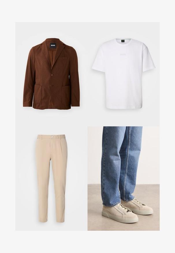 Brun mønstret blazer med notch-lapel, to forlommer og en enkelt knaplukning. Fremstillet af struktureret stof. Velegnet til afslappet brug.; Hvid bomulds T-shirt med korte ærmer, rund halsudskæring og præget "BOSS" logo på brystet. Glat tekstur, standard pasform.; Beige bukser med en slim fit, lavet af vævet materiale. Har en enkelt knaplukning, plisseret front og lige ben.; BOSS GARYTENN_SDHDEL - Sneakers - natural ten