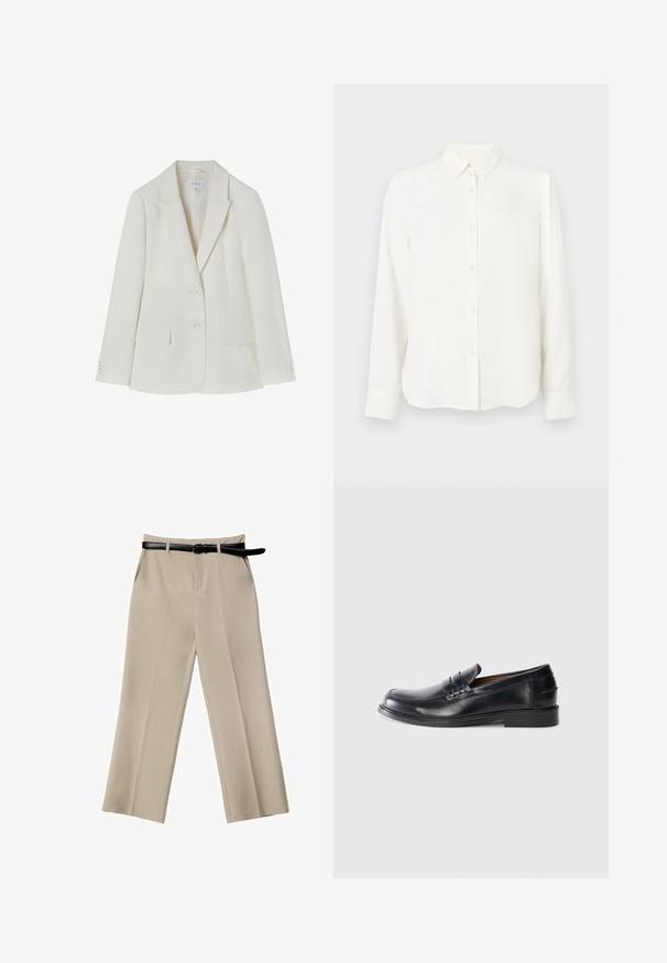 Blazer blanc cintré avec revers crantés, deux boutons devant, poches à rabat et poignets boutonnés, taille 36 par Tatuum.; Chemise blanche à manches longues, boutonnière, avec col et poignets, design simple et épuré, présentée sur un fond blanc.; Pantalons larges beiges dotés d'une texture lisse, de poches avant et d'une ceinture en cuir noire. Conception ajustée avec des plis nets.; Mocassins en cuir noir avec un bout arrondi, des détails cousus et un petit talon carré. Texture lisse avec un subtil éclat.