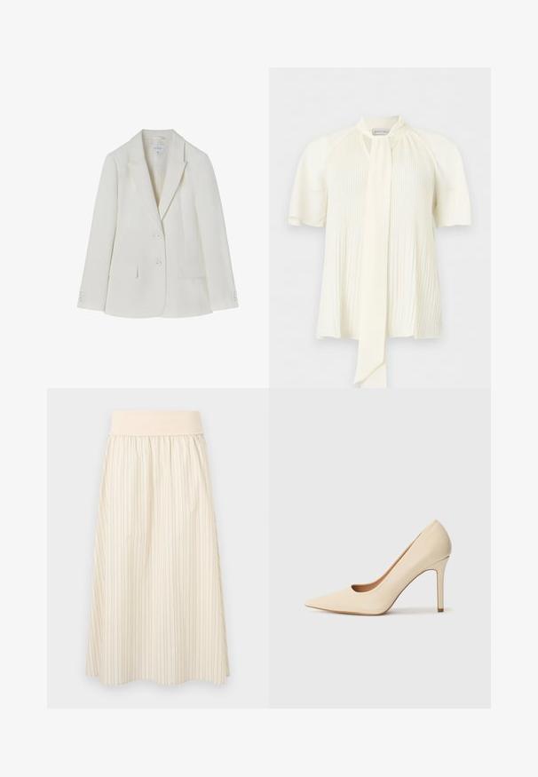 Blazer blanc cintré avec un col cranté, deux poches avant et une fermeture à deux boutons. Tissu lisse avec une texture subtile. Taille 36.; Blouse couleur crème avec manches courtes bouffantes, plis verticaux sur le devant et un long détail noué au col.; Jupe crème plissée avec fines rayures verticales, dotée d'une ceinture élastique douce. Fabriquée en tissu léger pour le confort.; Escarpin en cuir beige à talon haut avec un bout pointu et un détail découpé sur le côté, possédant un talon stiletto fin pour le soutien.