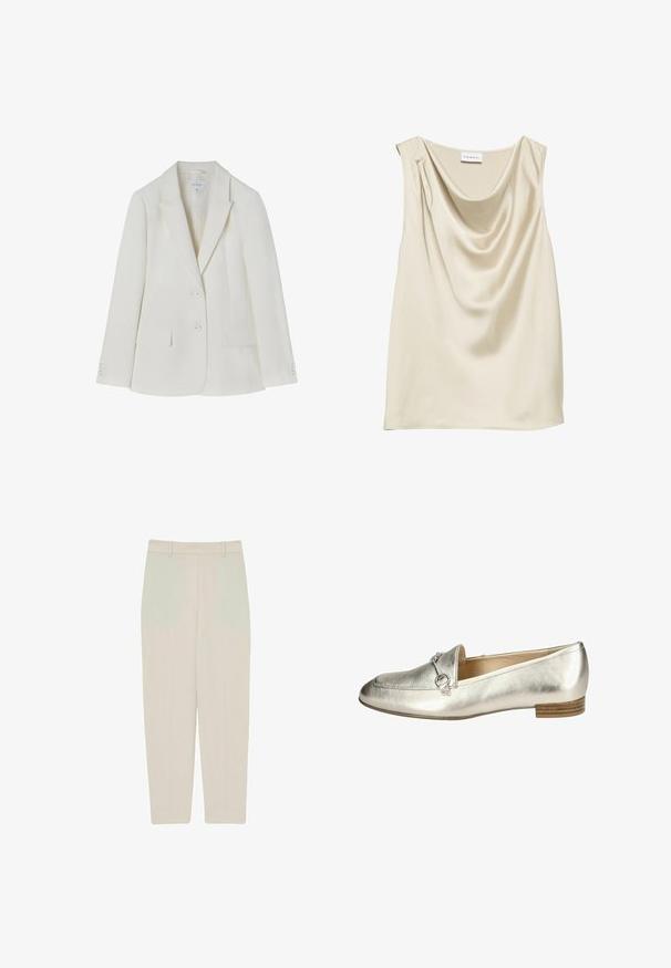 Blazer blanc cintré avec un col cranté, deux poches avant et une fermeture à deux boutons. Tissu lisse avec une texture subtile. Taille 36.; Haut sans manches en satin crème avec un décolleté drapé en col bénitier et un petit détail de pli sur une épaule.; Pantalons droits beiges avec une texture lisse, présentant une taille haute, des plis sur le devant et des lignes épurées pour un ajustement tailleur.; Loafers en argent métallisé avec une texture lisse, présentant un accent matériel décoratif et un petit talon en bois. Design classique.