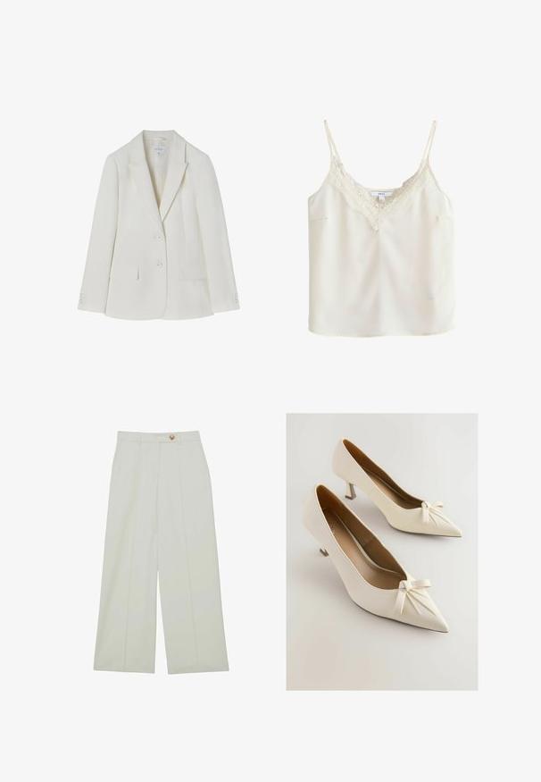 Blazer blanc cintré avec un col cranté, deux poches avant et une fermeture à deux boutons. Tissu lisse avec une texture subtile. Taille 36.; Caraco sans manches couleur crème avec fines bretelles et bordure en dentelle le long du décolleté en V, présenté sur un fond uni.; Pantalon à jambes larges de couleur crème clair, avec une fermeture à boutons, des plis à l'avant et des poches latérales, confectionné dans un tissu lisse.; Chaussures à talon haut en cuir blanc avec un bout pointu, un petit nœud sur le devant et un talon effilé et anguleux. Texture lisse.