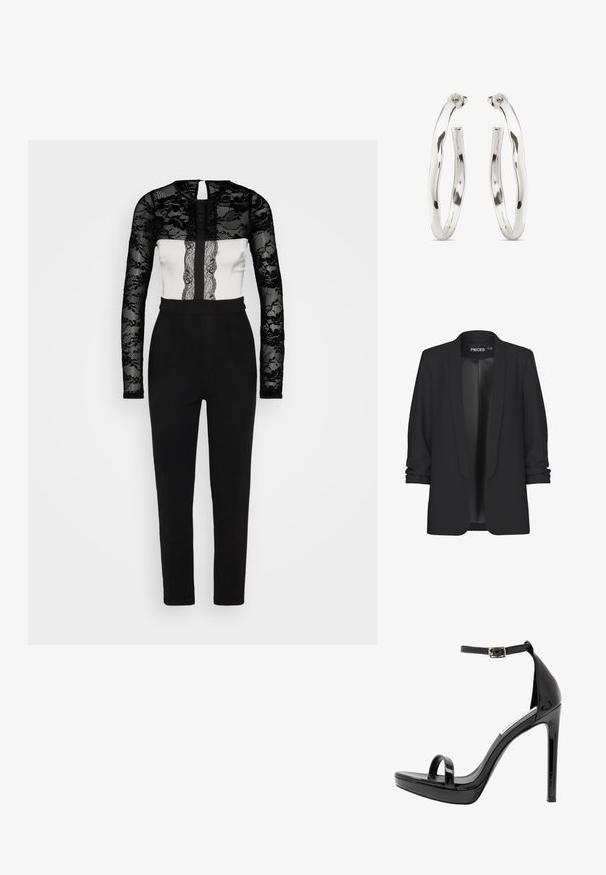 Blazer negro con cuello chal, delantero abierto y mangas remangadas. Tela suave con un acabado elegante, sin cierres ni detalles visibles.; Cuerpo de encaje negro de manga larga combinado con una sección blanca, que presenta un panel de encaje vertical. Pantalones negros ajustados con una textura suave.; Steve Madden MILANO - Sandalias de tacón - black; Par de pendientes de aro plateados brillantes con formas ligeramente irregulares y onduladas, y cierres seguros de poste, sobre un fondo blanco.