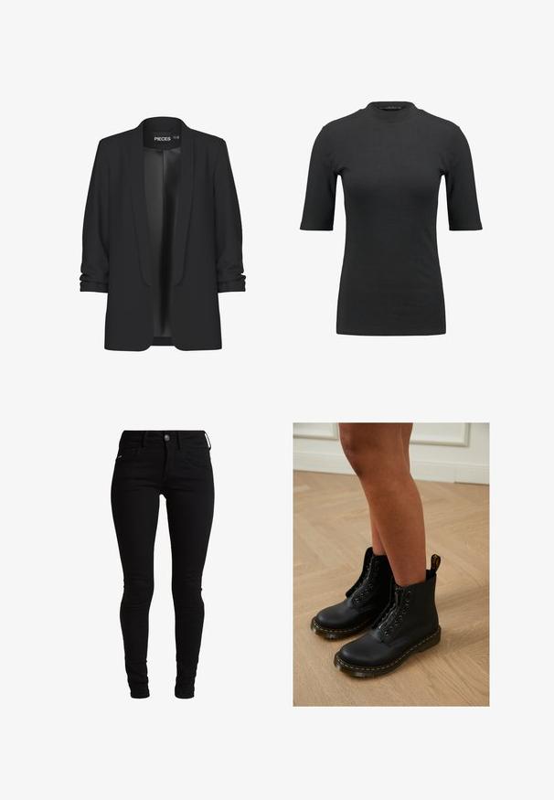 Blazer noir avec col châle, devant ouvert et manches retroussées. Tissu lisse avec une finition élégante, sans fermetures ni détails visibles.; T-shirt noir à côtes avec un col montant et des manches courtes. Design lisse et ajusté sans motifs ni détails matériels visibles.; Jean skinny noir en denim, avec un design classique à cinq poches, passants de ceinture et fermeture à bouton sur le devant. Texture lisse et extensible.; Bottines en cuir noir avec fermeture éclair et design à lacets, arborant des coutures jaunes et une semelle épaisse et texturée.