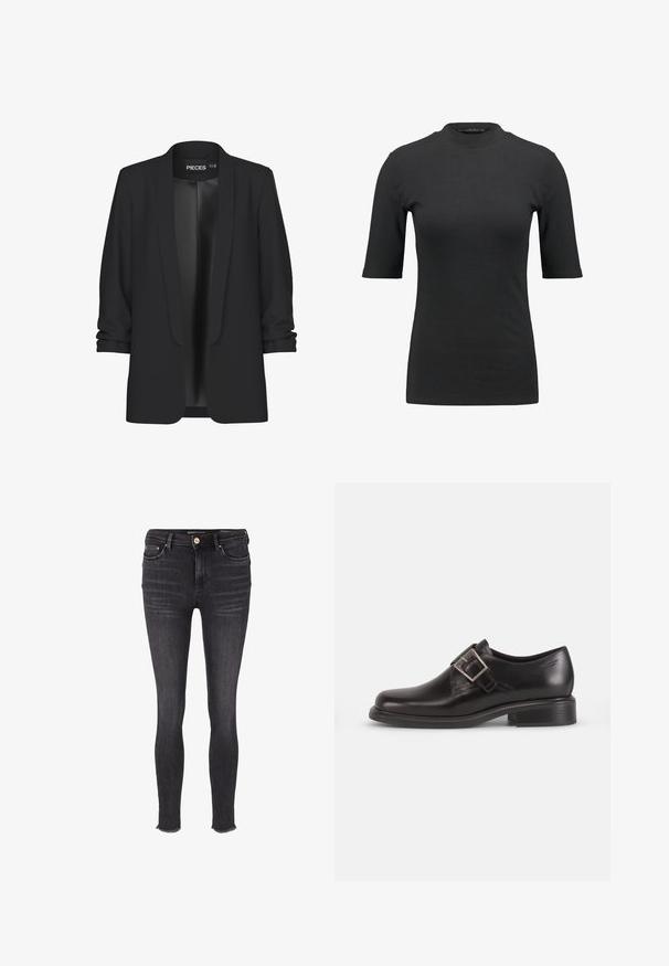 Blazer noir avec col châle, devant ouvert et manches retroussées. Tissu lisse avec une finition élégante, sans fermetures ni détails visibles.; T-shirt noir à côtes avec un col montant et des manches courtes. Design lisse et ajusté sans motifs ni détails matériels visibles.; Jean skinny noir taille haute, en denim extensible, avec un léger délavage et des ourlets bruts. Design classique à cinq poches.; Chaussure habillée en cuir noir avec un bout arrondi, détail de boucle de ceinture sur le côté et semelle texturée, posée sur un fond blanc uni.