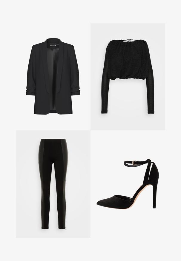 Blazer noir avec col châle, devant ouvert et manches retroussées. Tissu lisse avec une finition élégante, sans fermetures ni détails visibles.; Haut noir court à manches longues en tissu texturé avec un col froncé et un subtil éclat. Détails froncés à l'avant.; Leggings noirs au design ajusté. Fabriqués en matériau extensible, avec des détails de panneaux latéraux et des zips à l'ourlet pour une fonctionnalité accrue.; Escarpins en suède noir avec un bout pointu, une bride à la cheville et un talon aiguille. Le design présente une texture lisse avec un minimalisme dans les détails.