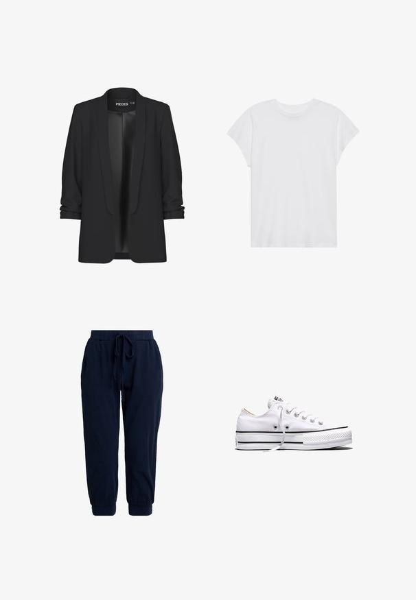 Blazer noir avec col châle, devant ouvert et manches retroussées. Tissu lisse avec une finition élégante, sans fermetures ni détails visibles.; T-shirt blanc à manches courtes, col rond, coupe décontractée, en tissu de coton doux. Texture lisse, sans motifs ni logos.; Pantalon de jogging bleu marine en tissu doux. Il est doté d'une ceinture élastique avec cordon de serrage et de chevilles resserrées pour une coupe décontractée.; Baskets basses en toile blanche avec lacets blancs, bandes noires sur la semelle et embout en caoutchouc texturé, vue de côté sur fond blanc.