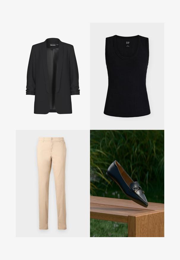 Blazer noir avec col châle, devant ouvert et manches retroussées. Tissu lisse avec une finition élégante, sans fermetures ni détails visibles.; Débardeur noir côtelé sans manches avec encolure ronde, taille small, de GAP, présenté à plat sur fond blanc.; Pantalon beige coupe ajustée avec passants pour ceinture, fermeture à bouton à l'avant et poches latérales, présenté sur un fond clair uni.; Mocassin en cuir noir avec un détail en nœud flottant au-dessus d'un banc en bois, avec de l'herbe verte et des plantes en arrière-plan.