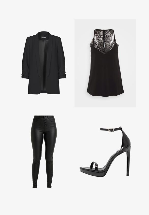 Blazer negro con cuello chal, delantero abierto y mangas remangadas. Tela suave con un acabado elegante, sin cierres ni detalles visibles.; Camiseta negra de tirantes con detalles de encaje en el escote en V y la espalda. Presenta tirantes ajustables y una textura de tela suave. Corte regular.; ONLY Tall ONLROYAL BUTTON - Pantalones - black; Steve Madden MILANO - Sandalias de tacón - black