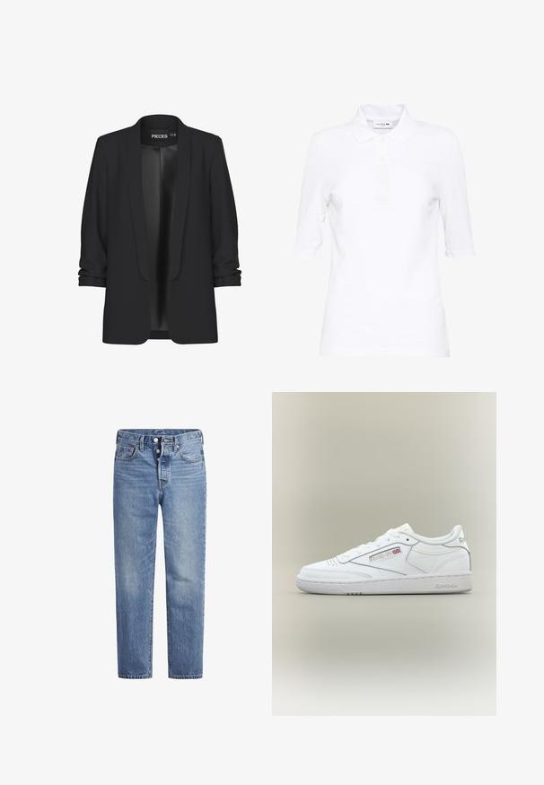 Blazer noir avec col châle, devant ouvert et manches retroussées. Tissu lisse avec une finition élégante, sans fermetures ni détails visibles.; Polo blanc à manches courtes en coton texturé, doté d'un col classique, d'une patte à trois boutons et d'un logo brodé discret.; Jeans en denim bleu clair avec une coupe droite, un design à cinq poches et un bouton pression. Présentent une légère décoloration et des coutures orange en accent.; Baskets basses blanches Reebok avec détails de couture, perforations près des orteils et logo Reebok avec un petit Union Jack sur le côté.