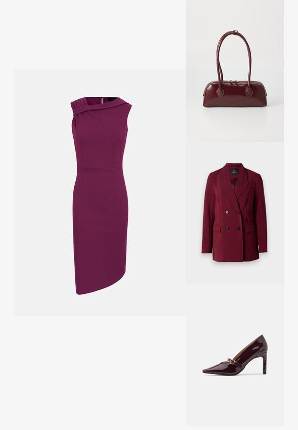 Bordeaux dubbelzijdige blazer met geknipte revers, twee voorkruiszakken en zwarte knopen. Glad materiaal met een getailleerde pasvorm.; Mouwloze pruimkleurige knielange jurk met asymmetrische halslijn en aansluitende silhouet.; Patente bordeaux hoge hak schoen met puntige neus, enkelsluitle met gouden hardware en een strakke, gepolijste afwerking. Verhoogde stiletto hak.; Bordeaux leren handtas met een gebogen vorm, dubbele handvatten, ritssluiting en subtiele stiksels. Gladde, hoogglanzende afwerking.