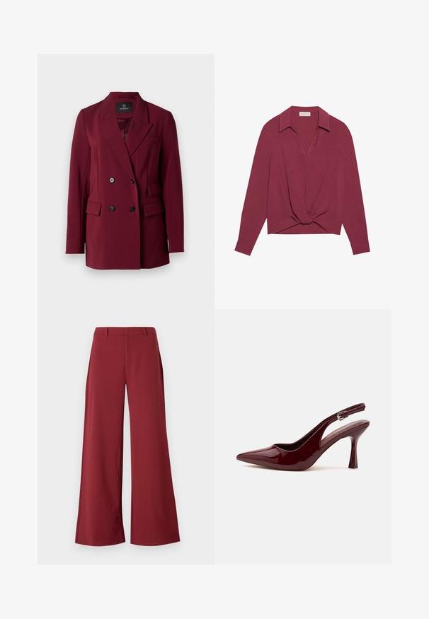 Bordeaux dubbelzijdige blazer met geknipte revers, twee voorkruiszakken en zwarte knopen. Glad materiaal met een getailleerde pasvorm.; Bordeauxkleurig longsleeve shirt met een kraag, V-hals en gedraaide knoopdetail aan de voorkant. Zachte textuur en een relaxte pasvorm.; Wijdvallende broek in een diepe bordeauxkleur. Gemaakt van een soepele, rekbare stof met op maat gemaakte naden en een rits aan de voorkant.; Glanzende donkerrode slingback pump met spitse neus, smalle verstelbare band en taps toelopende naaldhak op witte achtergrond.
