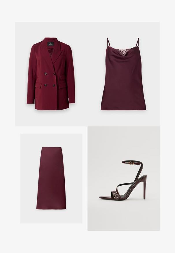 Bordeaux dubbelzijdige blazer met geknipte revers, twee voorkruiszakken en zwarte knopen. Glad materiaal met een getailleerde pasvorm.; Mouwloze diep bordeaux satijnen camisole top met dunne verstelbare bandjes en kantdetail langs de watervalhalslijn.; Rechte midi-rok in effen donker bordeauxkleur met gladde stof en zonder zichtbare patronen of versieringen.; Bordeaux gepatineerde leren hoge hakken sandaal met een enkelbandje, puntige neus en drie horizontale banden over de voet. Details met gouden gesp.