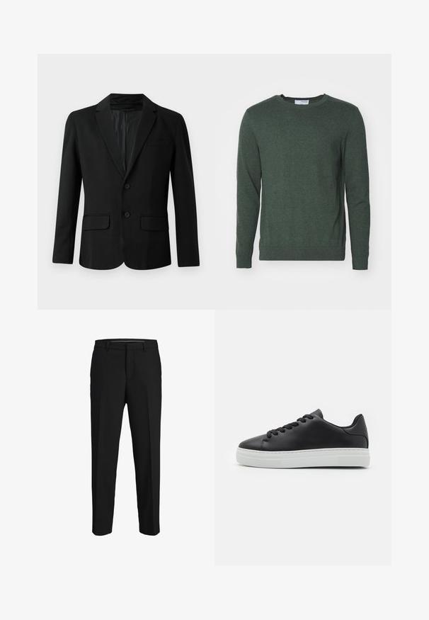 Blazer noir en tissu lisse, avec un design à un bouton, deux poches avant, un revers cranté et deux boutons.; Pull vert à col rond en tissu tricoté texturé. Il dispose de manches longues et de poignets et d'un ourlet côtelés pour un look ajusté.; Pantalons noirs en tissu lisse, présentant une coupe droite, des passants de ceinture et un devant plat sans motifs ni embellissements visibles.; Sneaker en cuir noir avec bout rond, semelle en caoutchouc blanc et lacets noirs. Présente une finition lisse et un design minimaliste.