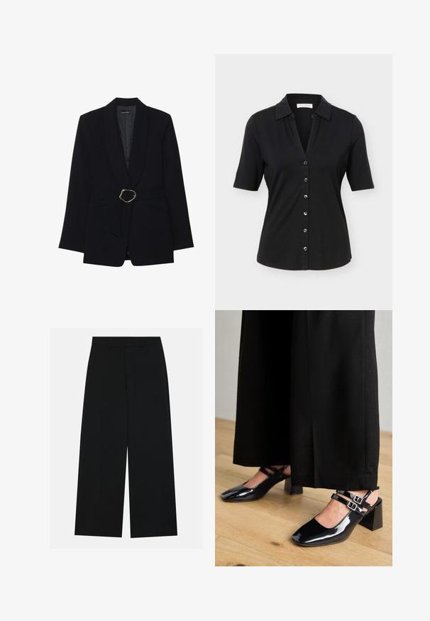 Veste noire ajustée avec un col châle, taille ceinturée dotée d'une boucle en métal doré et deux poches avant. Texture de tissu lisse.; Chemise noire à manches courtes avec col, six boutons sur le devant, et une silhouette légèrement cintrée.; Pantalons noirs à jambe large en tissu lisse. Dotés d'une taille plate avec passants de ceinture et sans poches visibles. Design simple.; Chaussures slingback en cuir verni noir avec bouts carrés, dotées de double brides ajustables à la cheville et de talons blocs. Fini lisse et brillant.