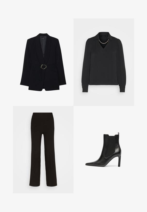 Sort skræddersyet blazer med sjalskrave, belte i taljen med en guldfarvet metalspænde og to forlommer. Glat stofstruktur.; Sort langærmet bluse med V-udskæring, krave og puffede ærmer. Har en kædeaccent ved udskæringen og en glat stoftekstur.; Sorte, vide benbukser lavet af et glat stof med en tætsiddende høj talje og uden synligt hardware eller mønstre.; Sorte ankelstøvler i læder med spids tå, elastiske sider og stiletthæl. Glat tekstur og strømlinet design.