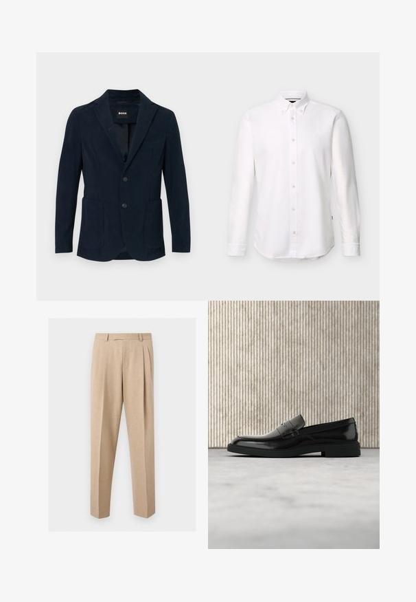 Marineblauwe corduroy blazer met een notch lapel, twee voorzakken, een twee knopen sluiting en een enkele borstzak.; Witte blouse met lange mouwen, knoopsluiting, knoopkraag en een klein geborduurd logo op de linkerborst.; Beige op maat gemaakte broek met voorplooien, riemlussen en rechte pijpen, getoond tegen een effen lichte achtergrond.; Zwarte gepolijste leren loafer die boven een beige tapijt zweeft met oranje doorschijnend meubilair op de achtergrond.